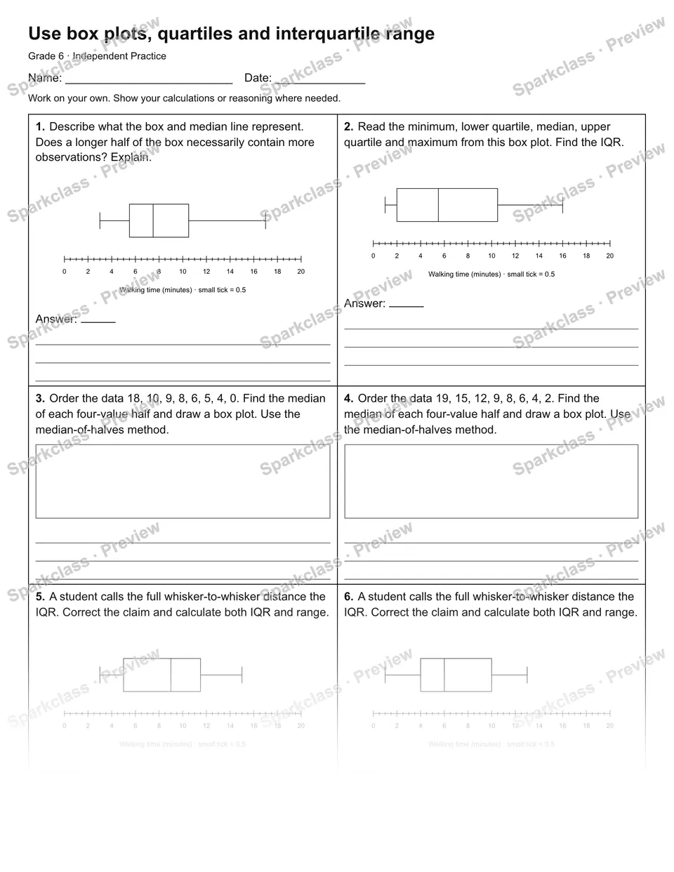 Use box plots, quartiles and interquartile range — Independent Practice — page 1