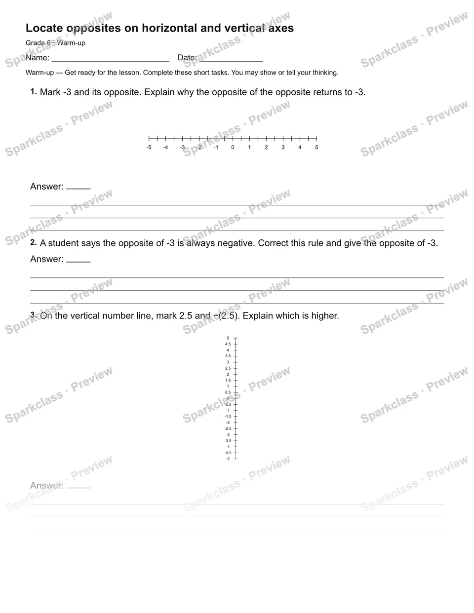 Locate opposites on horizontal and vertical axes — Warm-up — page 1
