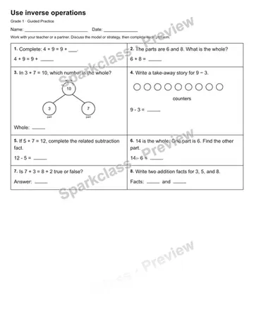 Use inverse operations — Guided Practice — Grade 1 worksheet preview