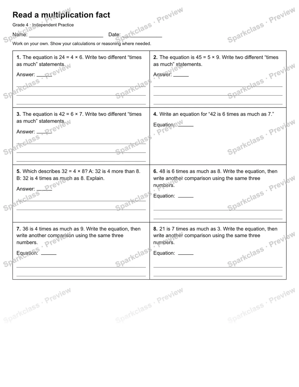 Read a multiplication fact — Independent Practice — page 1