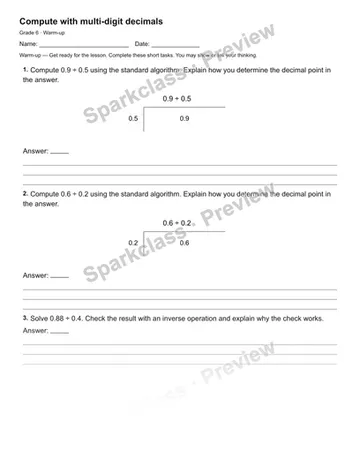 Compute with multi-digit decimals — Warm-up — Grade 6 worksheet preview