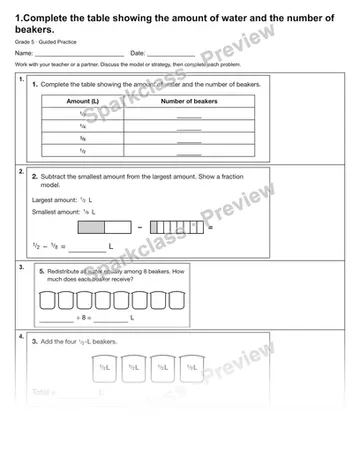 1.Complete the table showing the amount of water and the number of beakers. — Guided Practice — Grade 5 worksheet preview