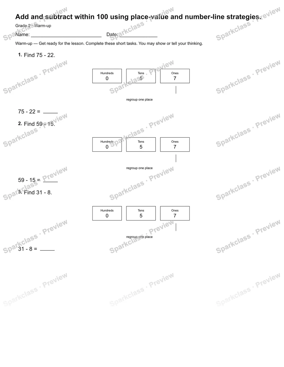 Add and subtract within 100 using place-value and number-line strategies. — Warm-up — page 1