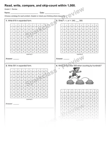 Read, write, compare, and skip-count within 1,000. — Review — Grade 2 worksheet preview