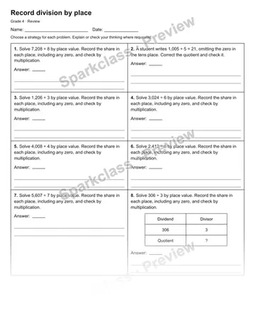 Record division by place — Review — Grade 4 worksheet preview