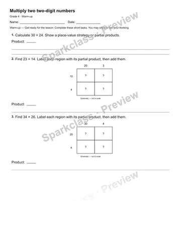 Multiply two two-digit numbers — Warm-up — Grade 4 worksheet preview