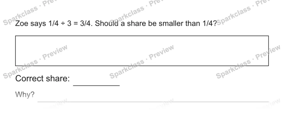 Zoe says 1/4 ÷ 3 = 3/4. Should a share be smaller than 1/4? Correct share: Why? — page 1