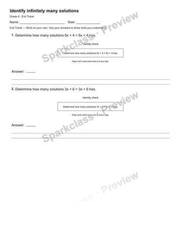 Identify infinitely many solutions — Exit Ticket — Grade 8 worksheet preview
