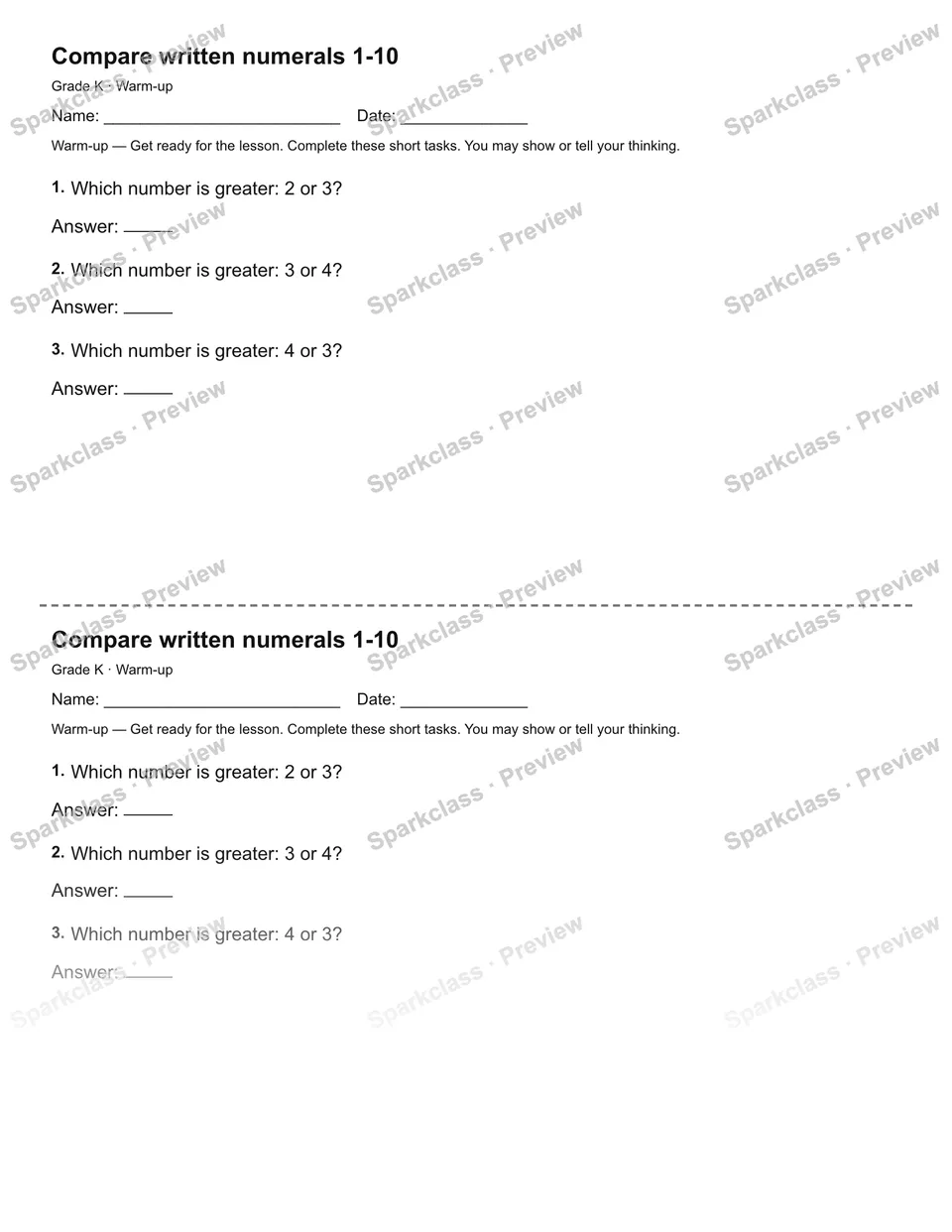 Compare written numerals 1-10 — Warm-up — page 1