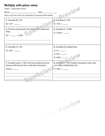 Multiply with place value — Independent Practice — Grade 4 worksheet preview