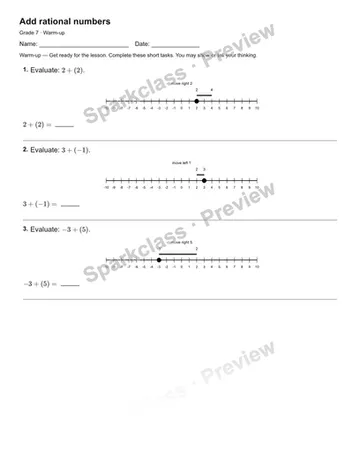 Add rational numbers — Warm-up — Grade 7 worksheet preview