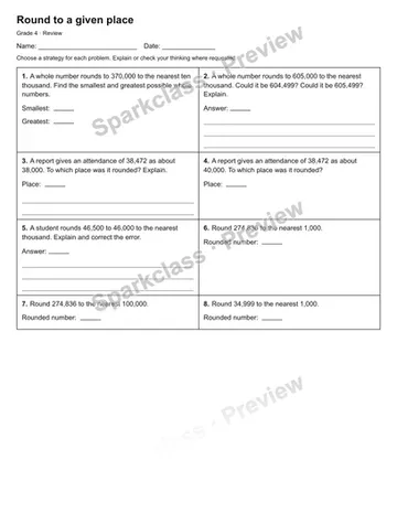Round to a given place — Review — Grade 4 worksheet preview