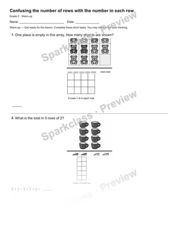 Confusing the number of rows with the number in each row. — Warm-up — Grade 2 worksheet preview