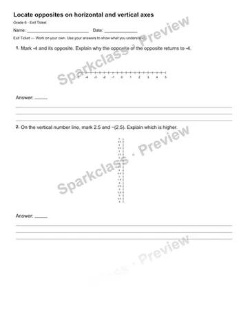 Locate opposites on horizontal and vertical axes — Exit Ticket — Grade 6 worksheet preview
