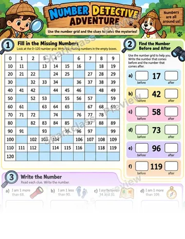 Number Detective 0 120 — Grade 1 worksheet preview