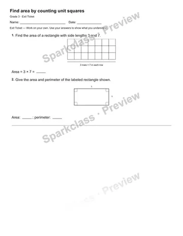 Find area by counting unit squares — Exit Ticket — Grade 3 worksheet preview