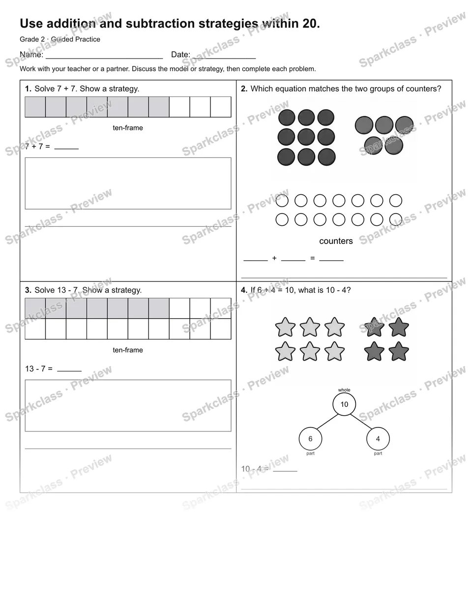 Use addition and subtraction strategies within 20. — Guided Practice — page 1