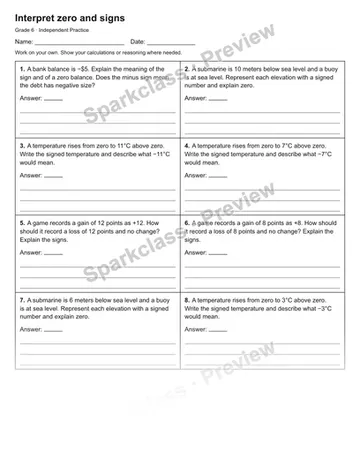 Interpret zero and signs — Independent Practice — Grade 6 worksheet preview