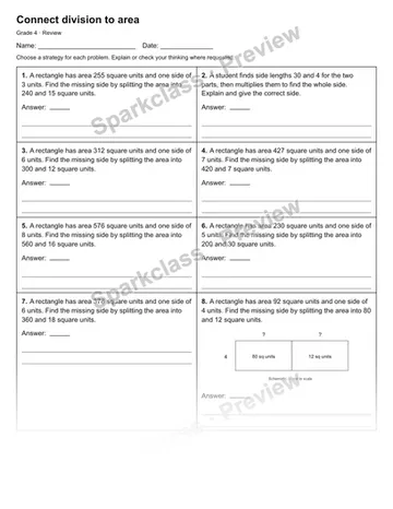 Connect division to area — Review — Grade 4 worksheet preview