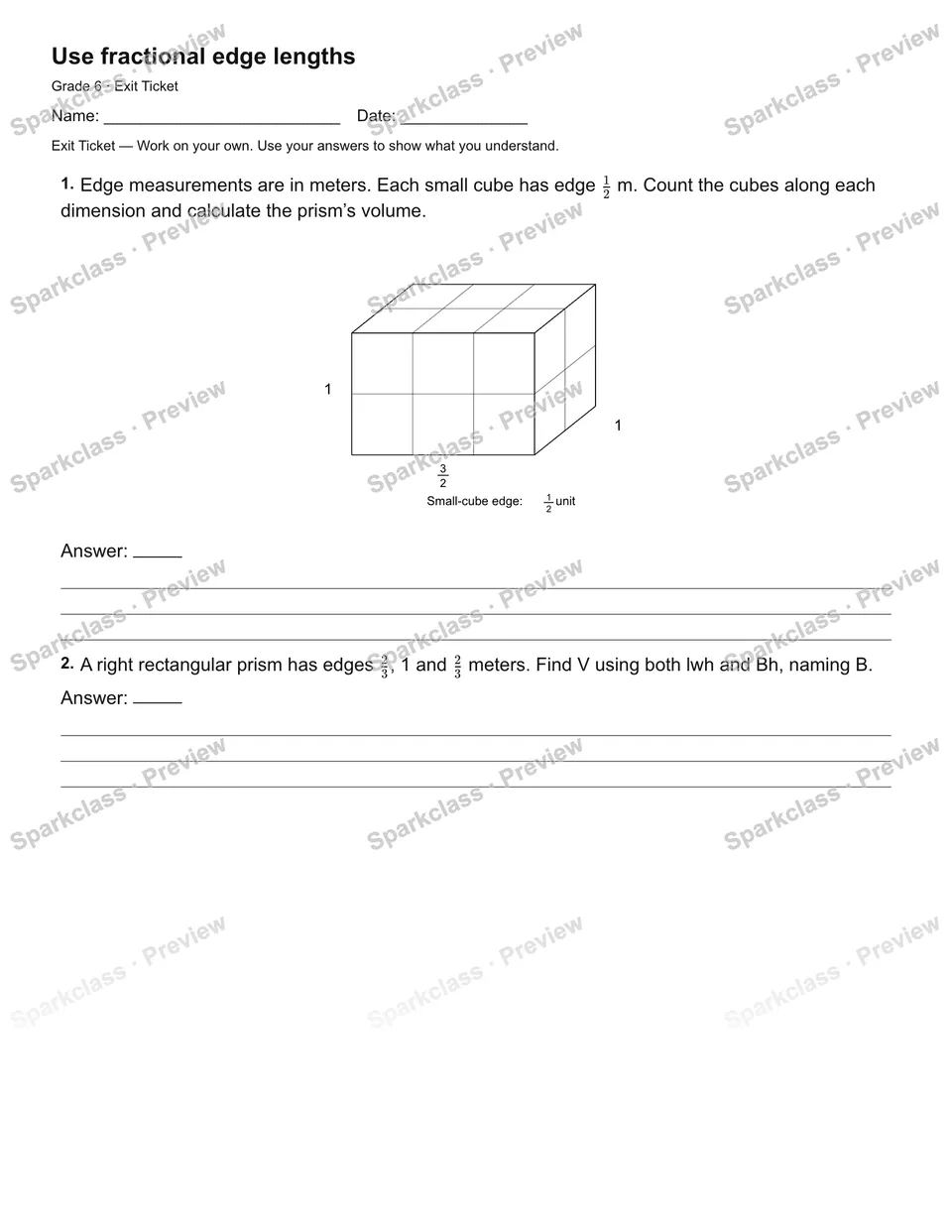 Use fractional edge lengths — Exit Ticket — page 1