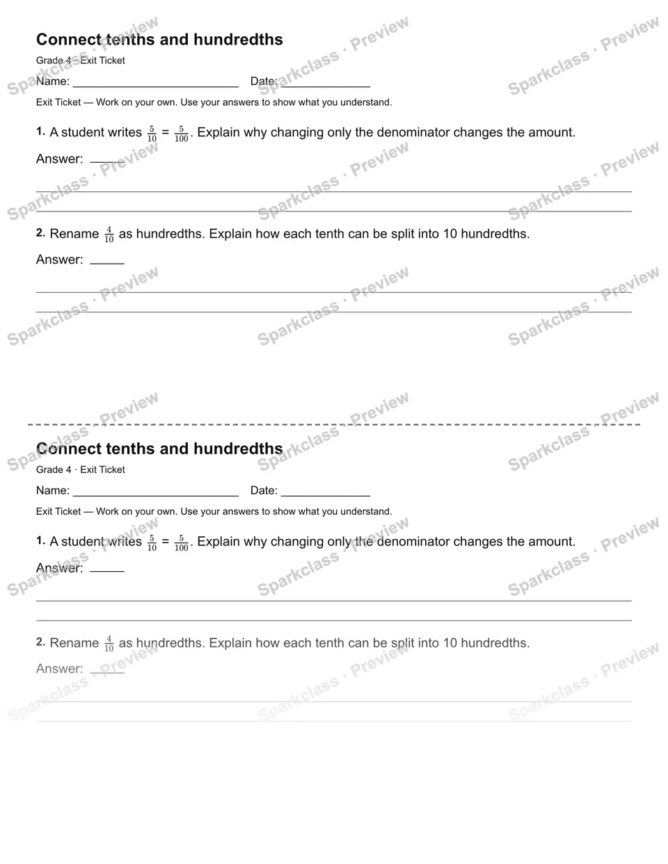 Connect tenths and hundredths — Exit Ticket — page 1