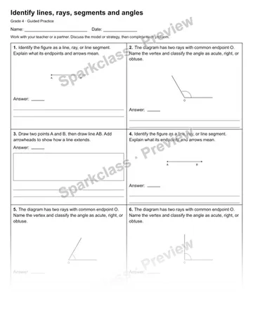 Identify lines, rays, segments and angles — Guided Practice — Grade 4 worksheet preview