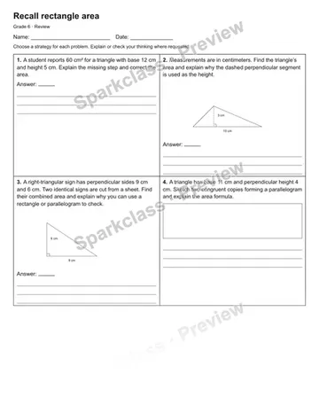 Recall rectangle area — Review — Grade 6 worksheet preview