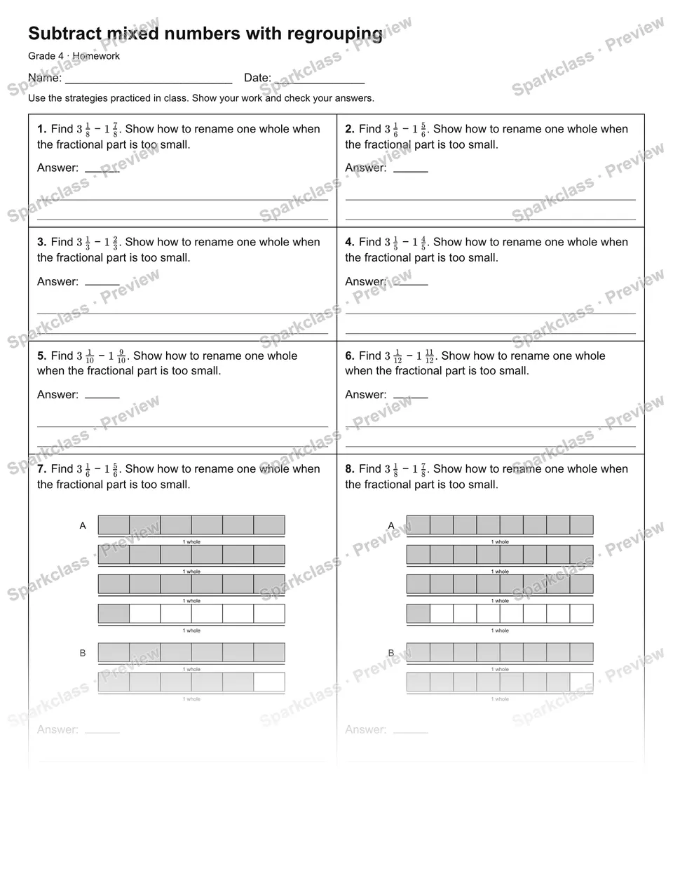 Subtract mixed numbers with regrouping — Homework — page 1