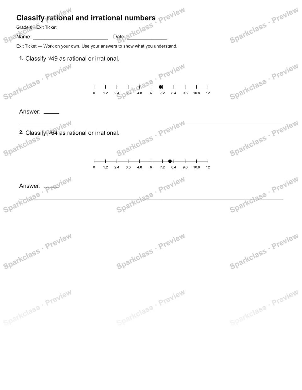 Classify rational and irrational numbers — Exit Ticket — page 1