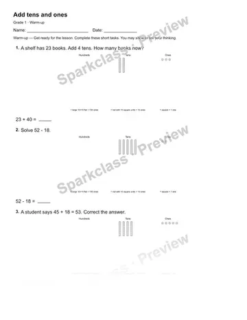 Add tens and ones — Warm-up — Grade 1 worksheet preview