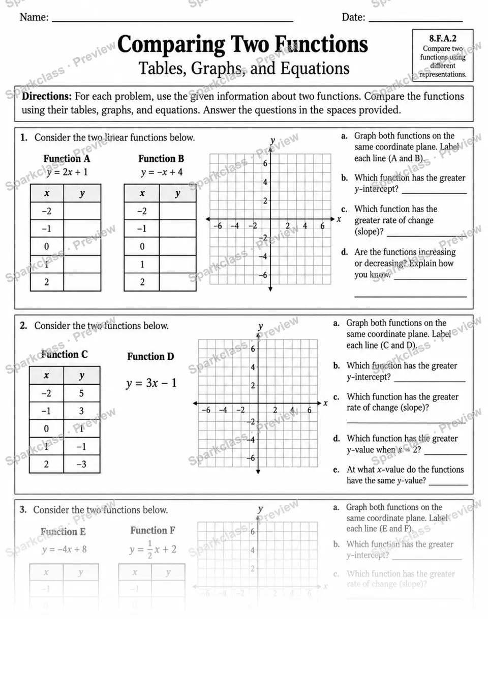 8.F.A.2 · 2 Comparing Functions Tables Graphs Equations — page 1