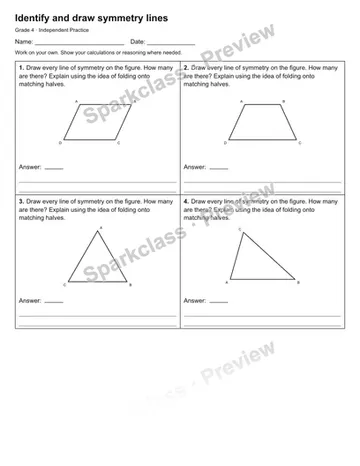 Identify and draw symmetry lines — Independent Practice — Grade 4 worksheet preview