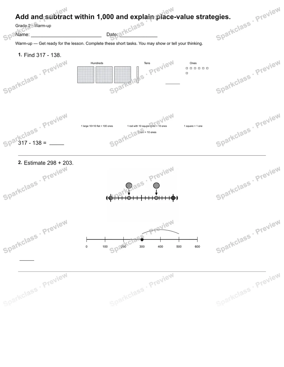 Add and subtract within 1,000 and explain place-value strategies. — Warm-up — page 1