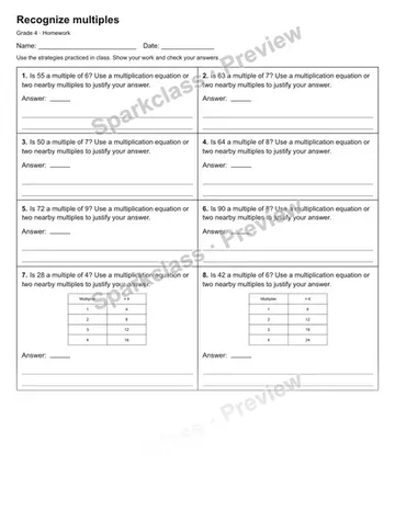 Recognize multiples — Homework — Grade 4 worksheet preview