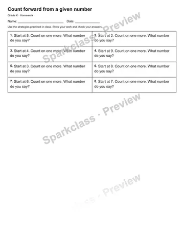 Count forward from a given number — Homework — Kindergarten worksheet preview