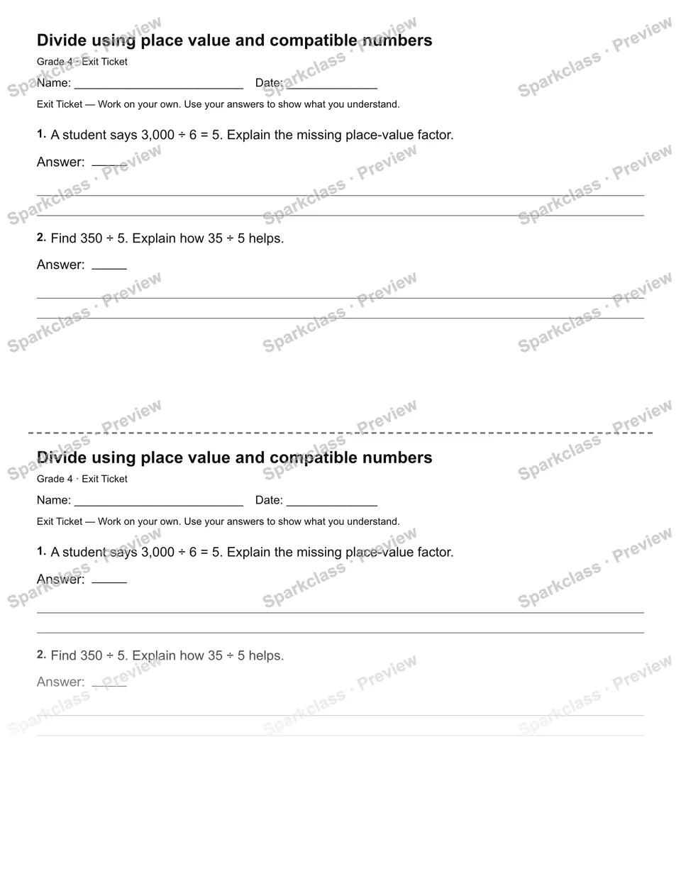 Divide using place value and compatible numbers — Exit Ticket — page 1