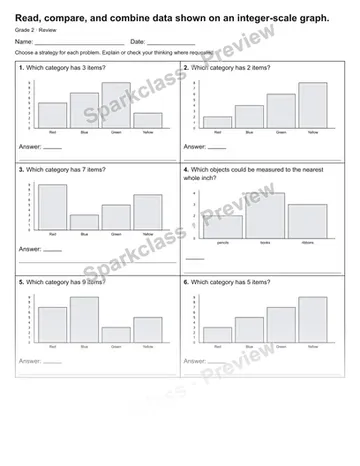 Read, compare, and combine data shown on an integer-scale graph. — Review — Grade 2 worksheet preview