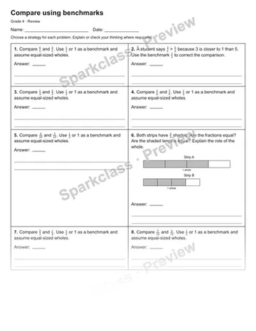 Compare using benchmarks — Review — Grade 4 worksheet preview
