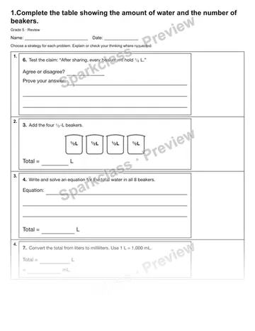 1.Complete the table showing the amount of water and the number of beakers. — Review — Grade 5 worksheet preview