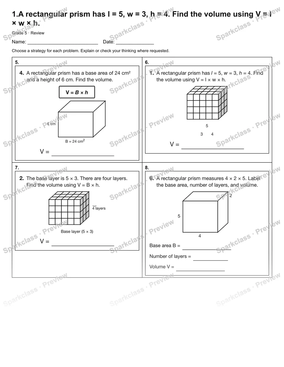 1.A rectangular prism has l = 5, w = 3, h = 4. Find the volume using V = l × w × h. — Review — page 2
