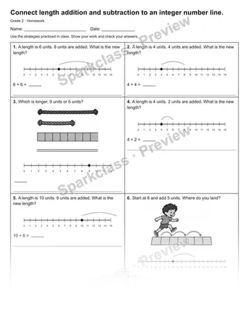 Connect length addition and subtraction to an integer number line. — Homework — Grade 2 worksheet preview