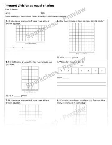 Interpret division as equal sharing — Review — Grade 3 worksheet preview