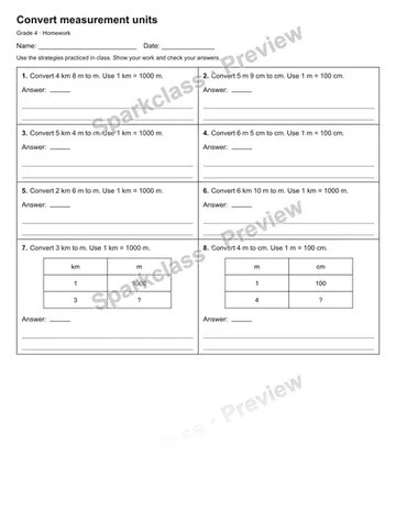 Convert measurement units — Homework — Grade 4 worksheet preview