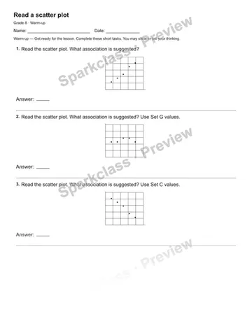 Read a scatter plot — Warm-up — Grade 8 worksheet preview