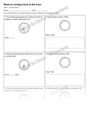 Read an analog clock at the hour — Guided Practice — Grade 1 worksheet preview