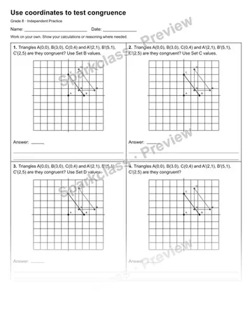 Use coordinates to test congruence — Independent Practice — Grade 8 worksheet preview