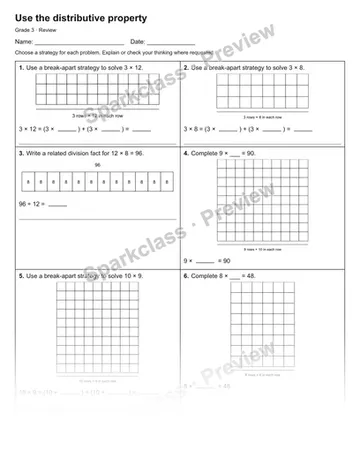 Use the distributive property — Review — Grade 3 worksheet preview