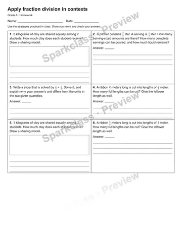Apply fraction division in contexts — Homework — Grade 6 worksheet preview