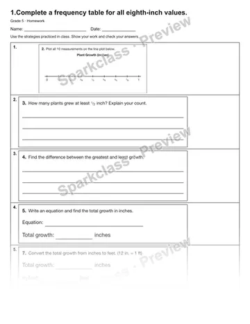 1.Complete a frequency table for all eighth-inch values. — Homework — Grade 5 worksheet preview