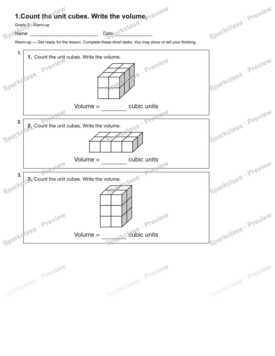 1.Count the unit cubes. Write the volume. — Warm-up — page 2